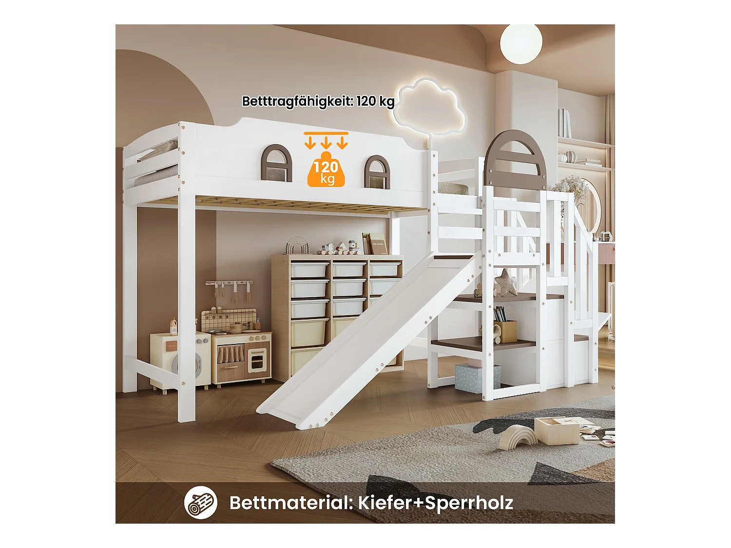 Lit mezzanine pour enfant - 90 x 200 cm - avec toboggan et fenêtre - 2 rangements dans l'escalier - pin+MDF - blanc+marron