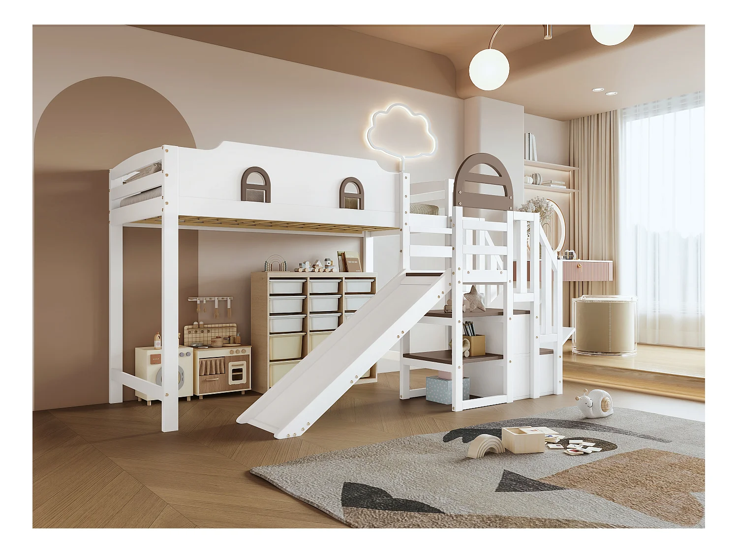 Lit mezzanine pour enfant - 90 x 200 cm - avec toboggan et fenêtre - 2 rangements dans l'escalier - pin+MDF - blanc+marron