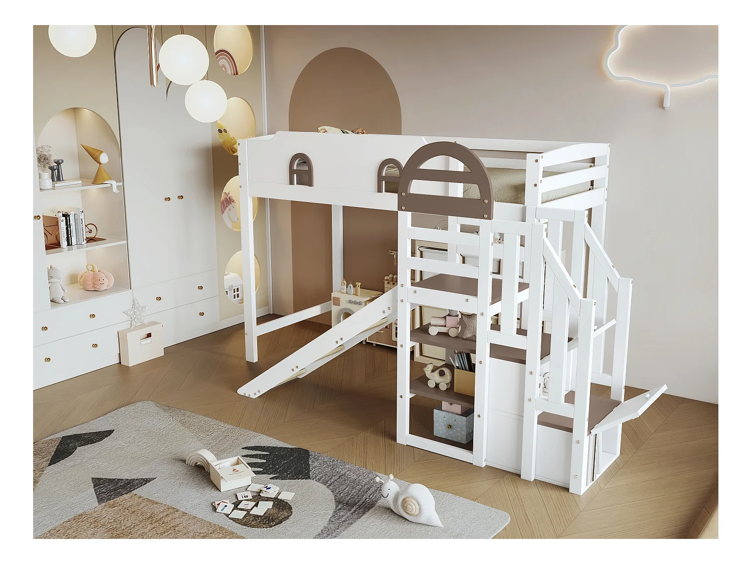 Lit mezzanine pour enfant - 90 x 200 cm - avec toboggan et fenêtre - 2 rangements dans l'escalier - pin+MDF - blanc+marron