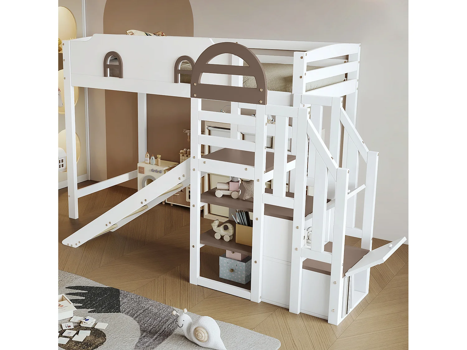 Lit mezzanine pour enfant - 90 x 200 cm - avec toboggan et fenêtre - 2 rangements dans l'escalier - pin+MDF - blanc+marron