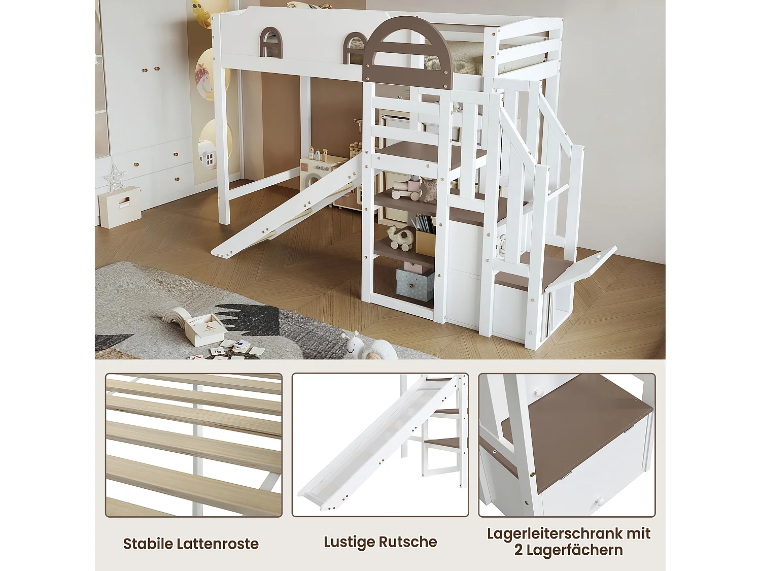 Lit mezzanine pour enfant - 90 x 200 cm - avec toboggan et fenêtre - 2 rangements dans l'escalier - pin+MDF - blanc+marron