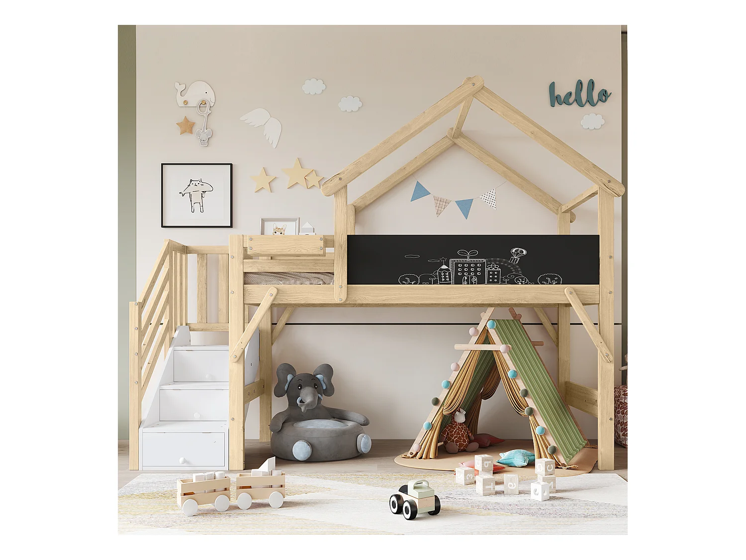 Kinder-Hochbett mit Stauraum - 90 x 200 cm - mit 3 Staufächern in der Treppe - Kiefer + MDF - weiß