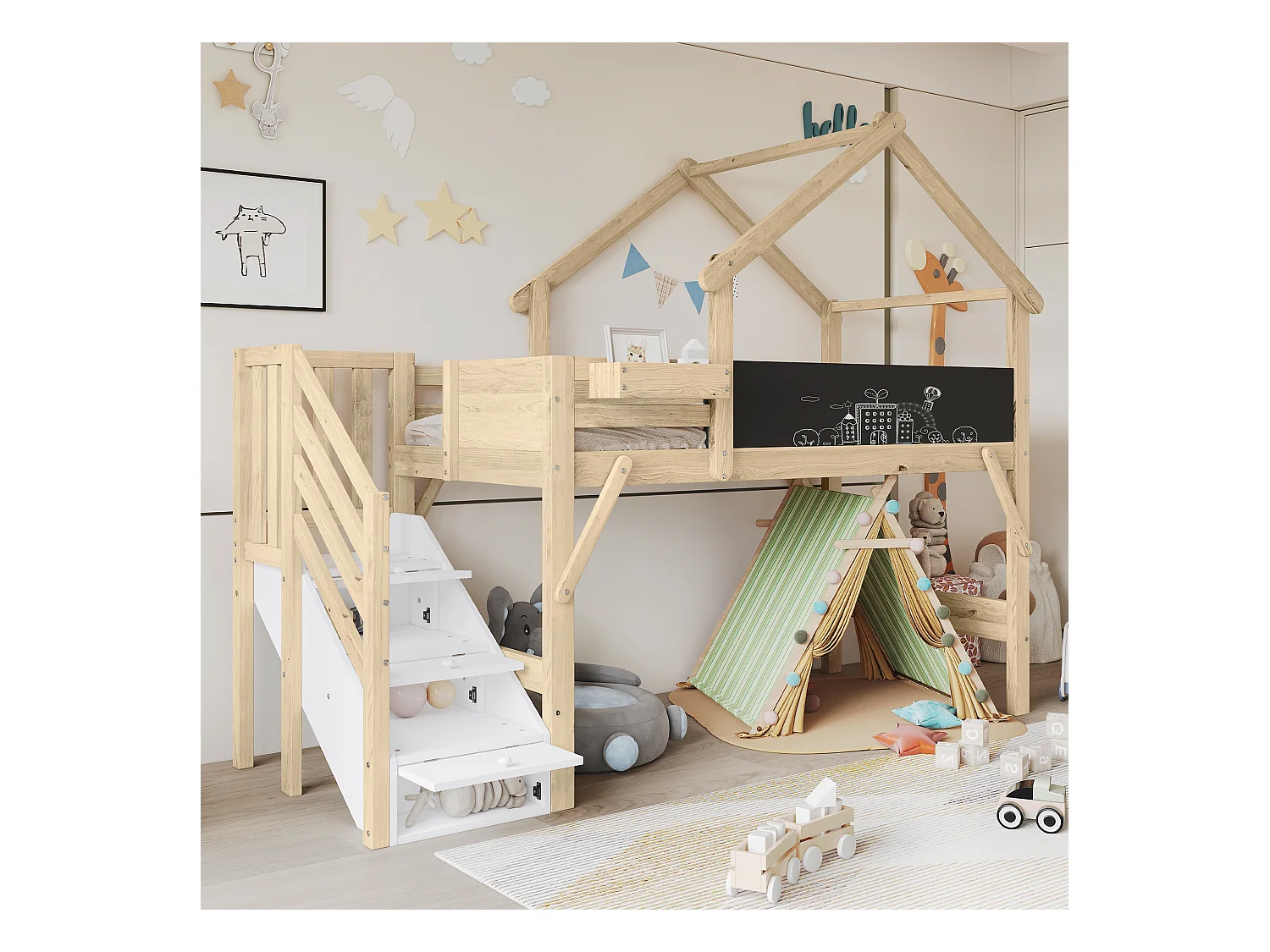 Kinder-Hochbett mit Stauraum - 90 x 200 cm - mit 3 Staufächern in der Treppe - Kiefer + MDF - weiß