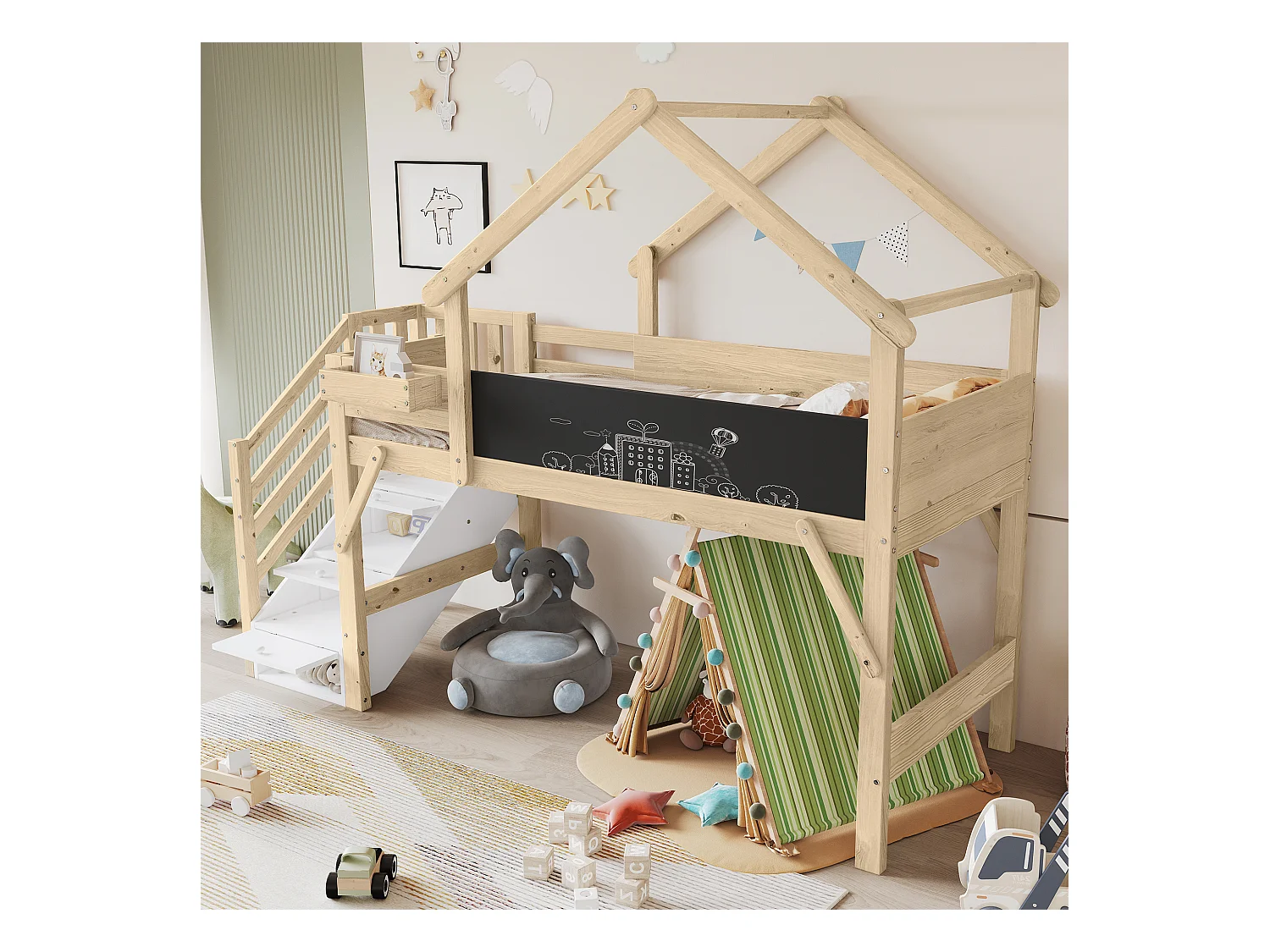 Kinder-Hochbett mit Stauraum - 90 x 200 cm - mit 3 Staufächern in der Treppe - Kiefer + MDF - weiß