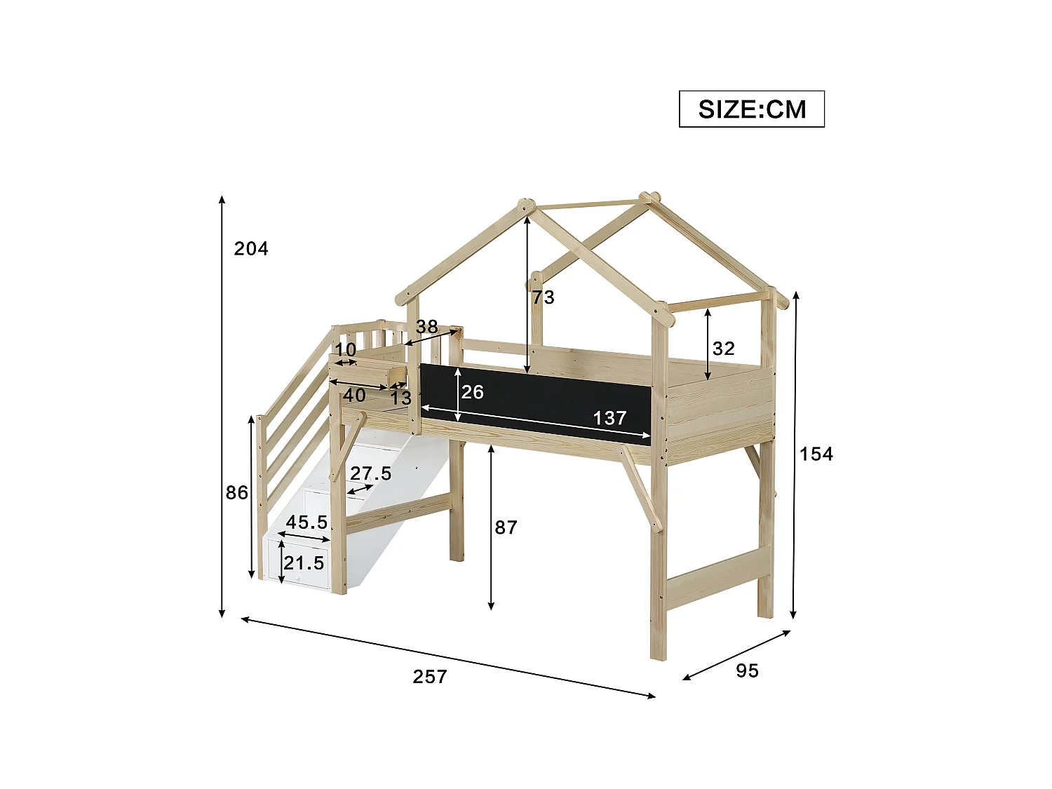 Kinder-Hochbett mit Stauraum - 90 x 200 cm - mit 3 Staufächern in der Treppe - Kiefer + MDF - weiß