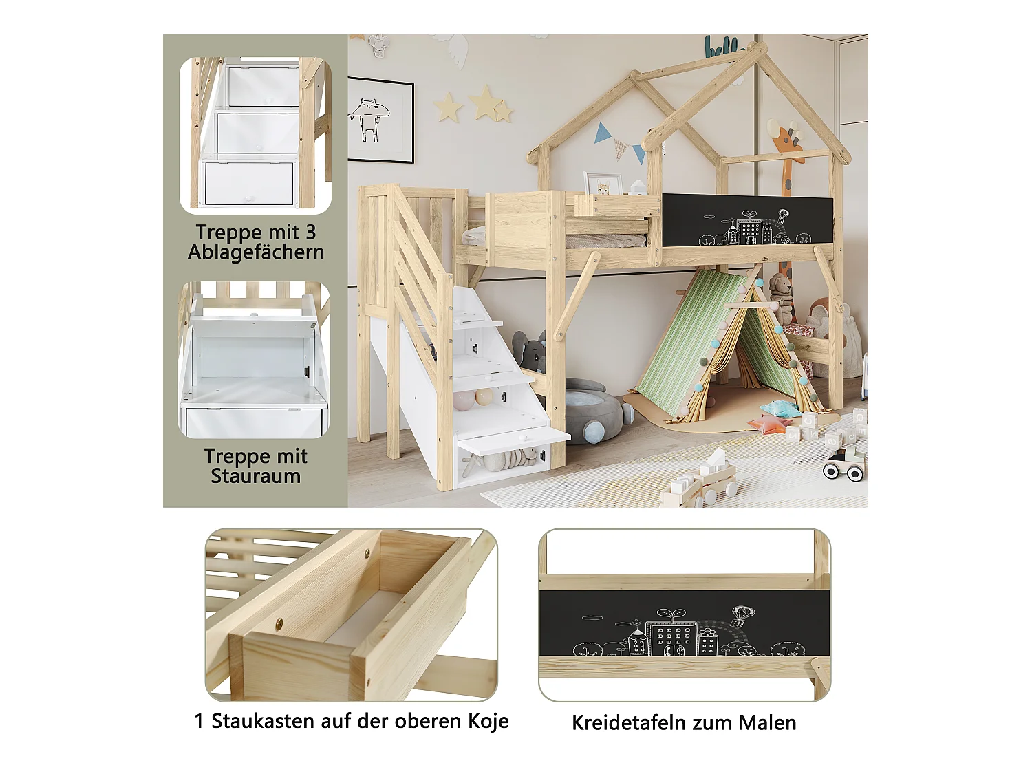 Kinder-Hochbett mit Stauraum - 90 x 200 cm - mit 3 Staufächern in der Treppe - Kiefer + MDF - weiß