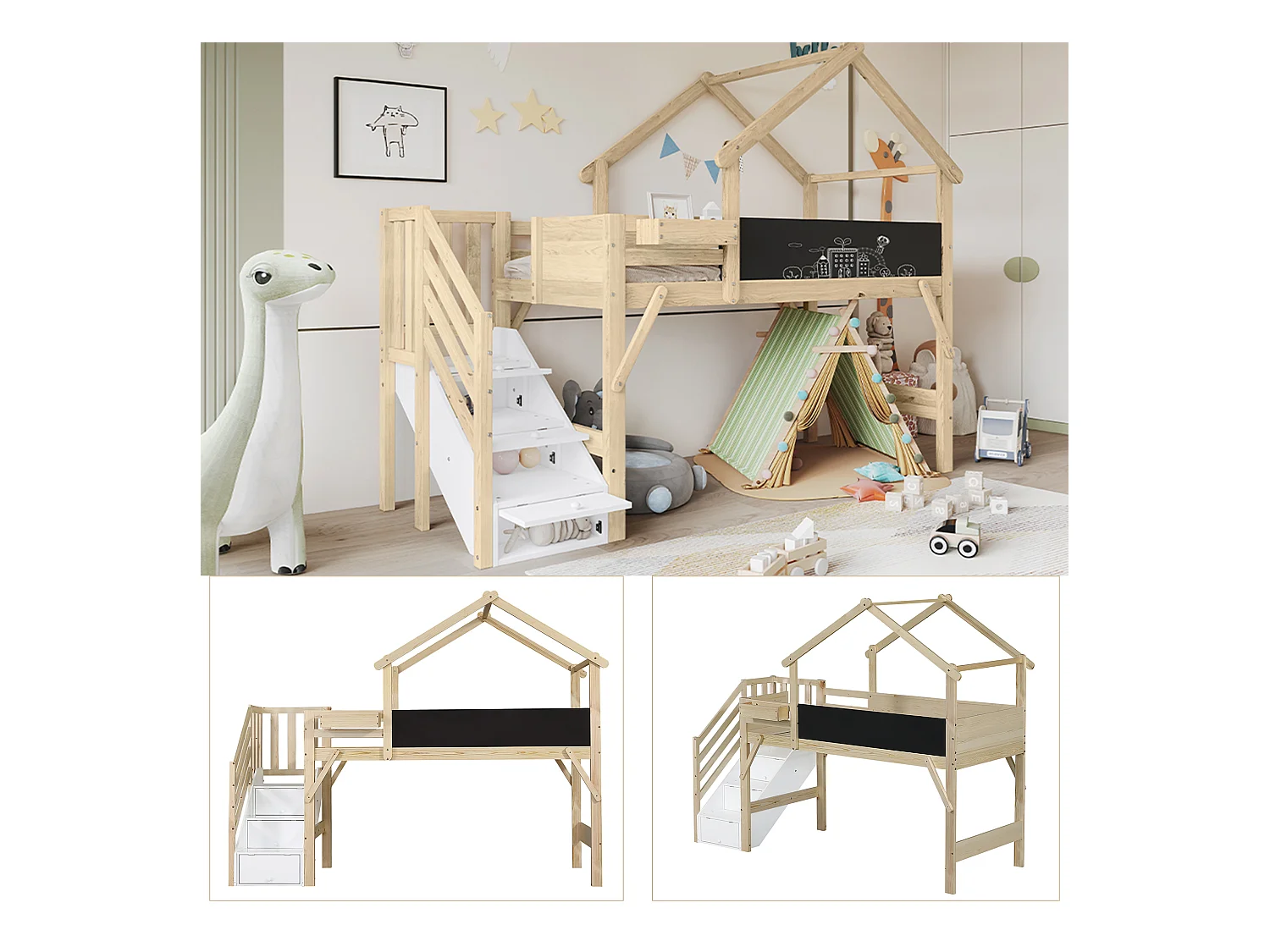 Kinder-Hochbett mit Stauraum - 90 x 200 cm - mit 3 Staufächern in der Treppe - Kiefer + MDF - weiß