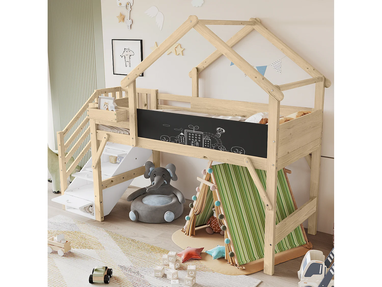Letto a soppalco contenitore per bambini - 90 x 200 cm - con 3 scomparti contenitore nella scala - pino + MDF - bianco