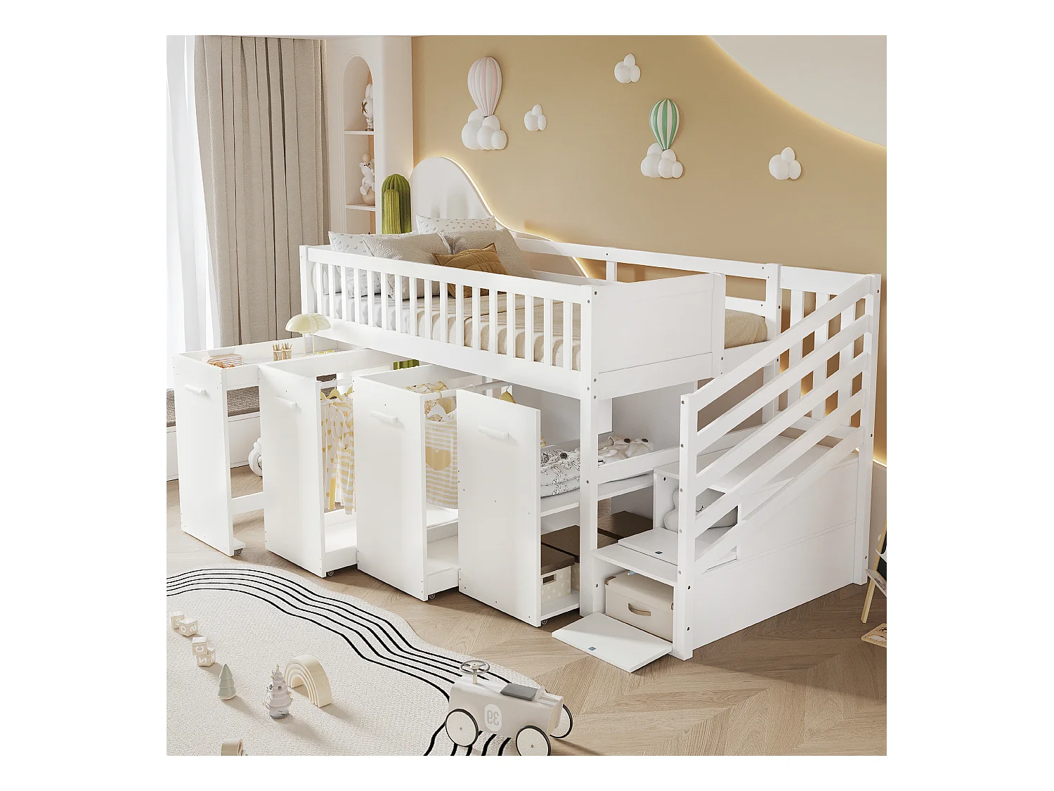 Lit Mezzanine enfant multifonctionnel - 90 x 200 cm - avec bureau et penderie - 2 rangements dans l'escalier - pin+MDF - blanc