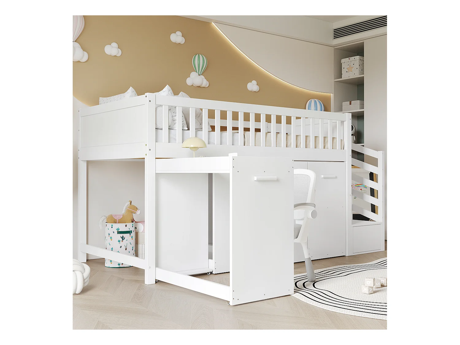 Lit Mezzanine enfant multifonctionnel - 90 x 200 cm - avec bureau et penderie - 2 rangements dans l'escalier - pin+MDF - blanc