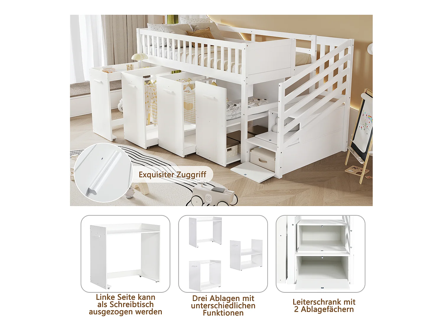 Lit Mezzanine enfant multifonctionnel - 90 x 200 cm - avec bureau et penderie - 2 rangements dans l'escalier - pin+MDF - blanc