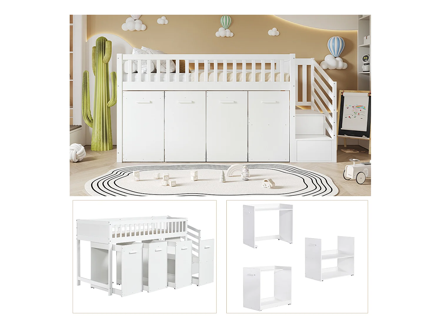 Lit Mezzanine enfant multifonctionnel - 90 x 200 cm - avec bureau et penderie - 2 rangements dans l'escalier - pin+MDF - blanc