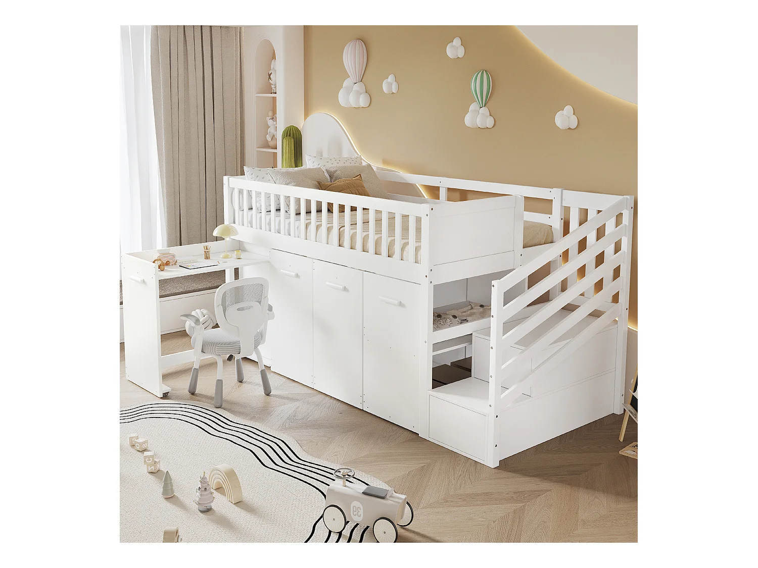 Multifunktionales Kinderhochbett - 90 x 200 cm - mit Schreibtisch/Kleiderschrank - 2 Schließfächer in der Treppe - Kiefer + MDF - weiß