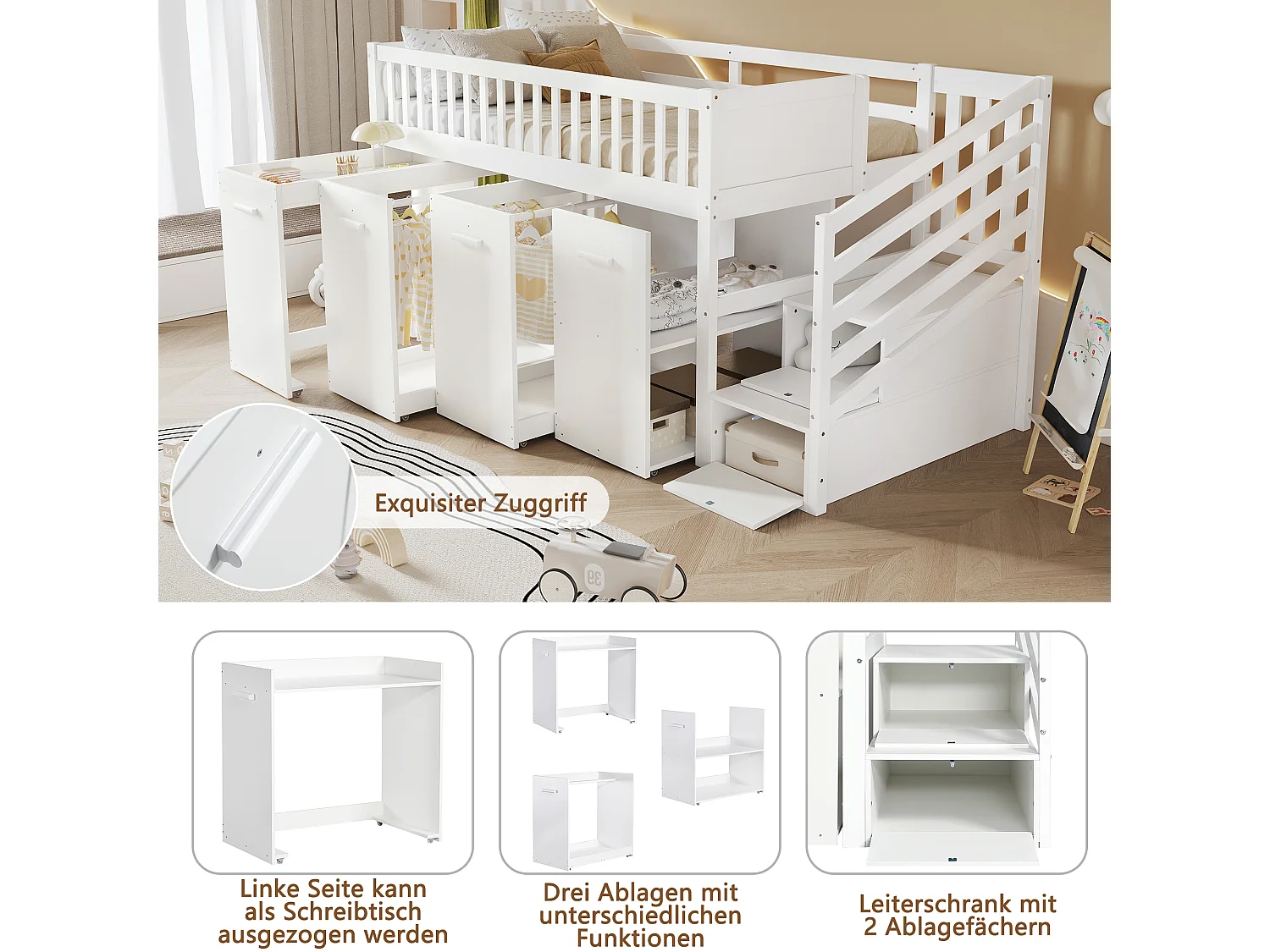 Letto a soppalco multifunzionale per bambini - 90 x 200 cm - con scrivania/armadio - 2 armadietti nelle scale - pino + MDF - bianco