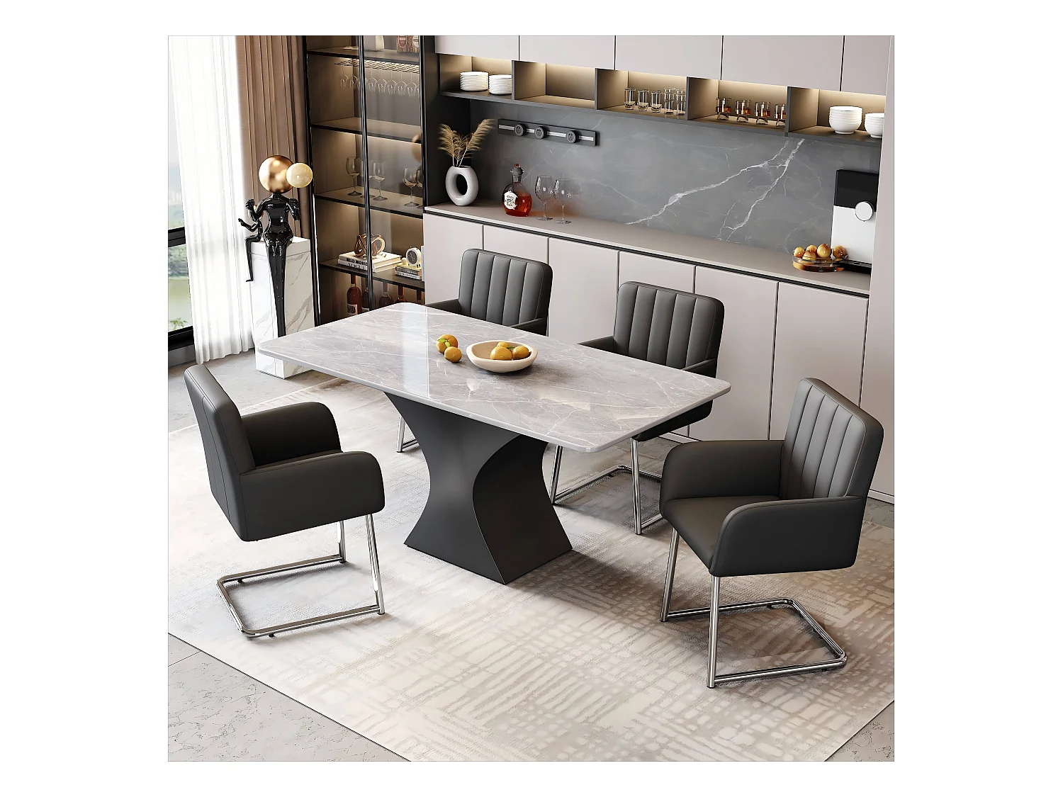 4er-Set Stühle - 86 x 50 x 46 cm - Polstersessel mit Metallbeinen - für Schlafzimmer und Büro - Kunstleder - Schwarz