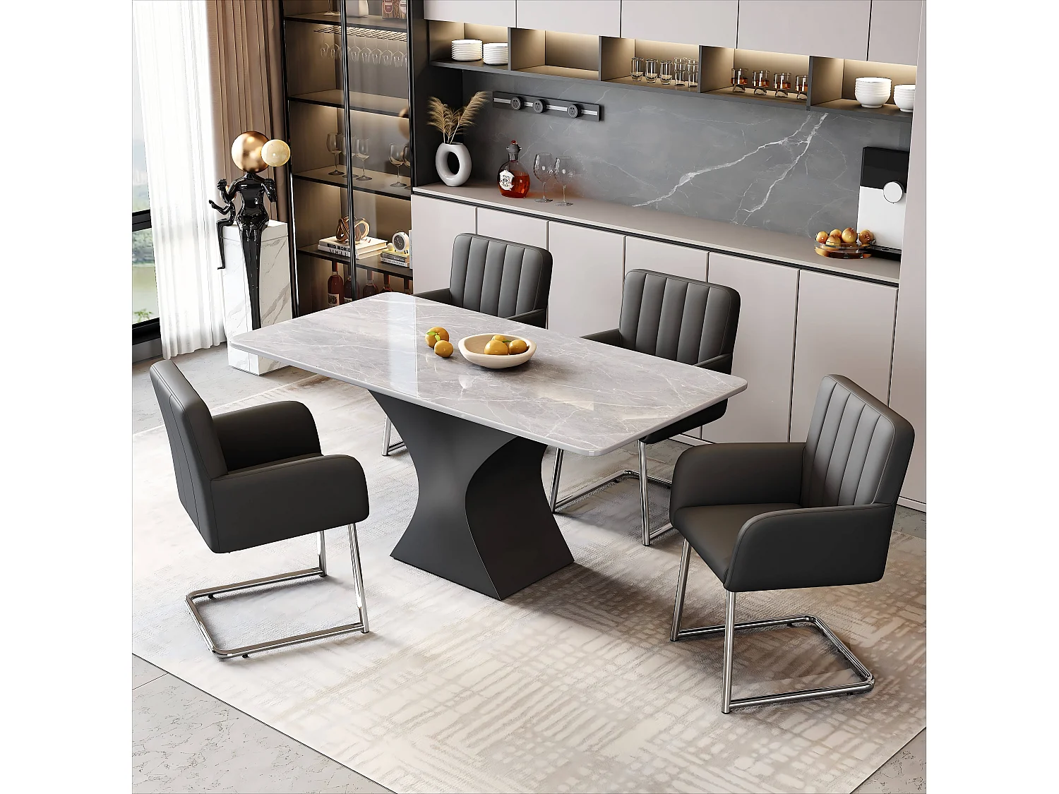 4er-Set Stühle - 86 x 50 x 46 cm - Polstersessel mit Metallbeinen - für Schlafzimmer und Büro - Kunstleder - Schwarz