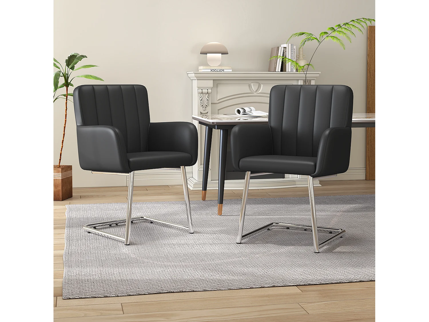 4er-Set Stühle - 86 x 50 x 46 cm - Polstersessel mit Metallbeinen - für Schlafzimmer und Büro - Kunstleder - Schwarz