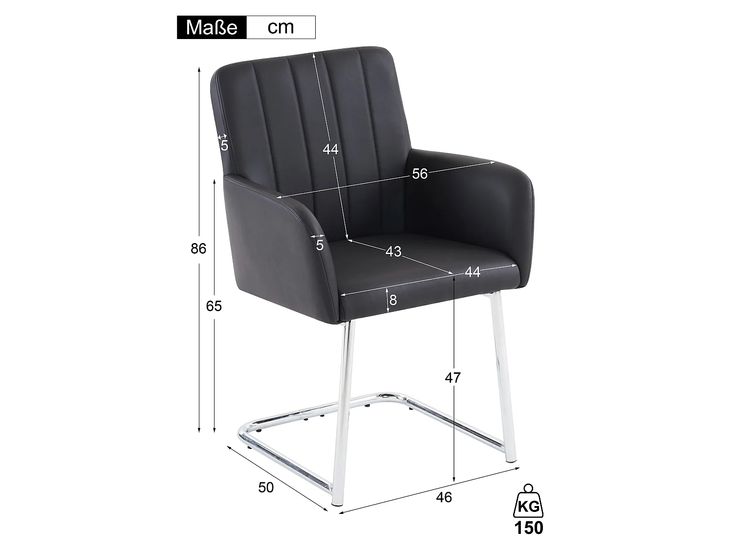 Lot de 4 chaises - 86 x 50 x 46 cm - fauteuil rembourré avec pieds en métal - pour chambre et bureau - cuir similaire -noir