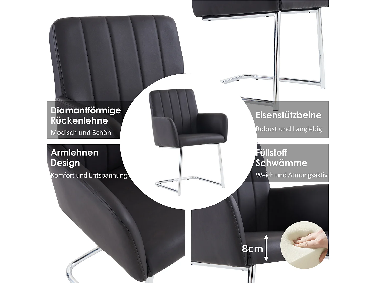 Lot de 4 chaises - 86 x 50 x 46 cm - fauteuil rembourré avec pieds en métal - pour chambre et bureau - cuir similaire -noir