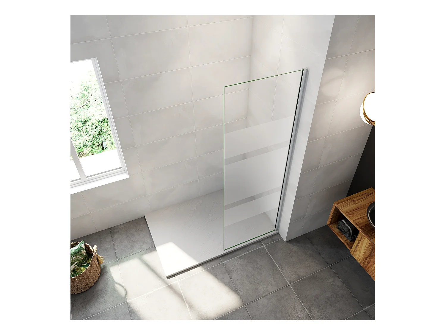 AICA inloopdouchewand 120x190cm, 6mm antikalk glas met horizontale zeefdrukbanden, uitschuifbare bevestigingsstang 73-120cm
