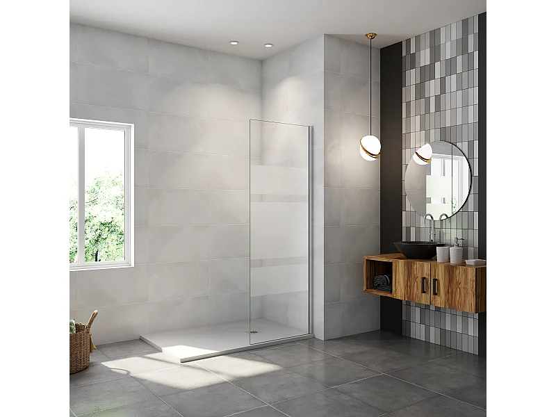 AICA paroi de douche à l'italienne 100x190cm,6mm verre anticalcaire avec bandes horizontales sérigraphiées,barre de fixation extensible 73-120cm