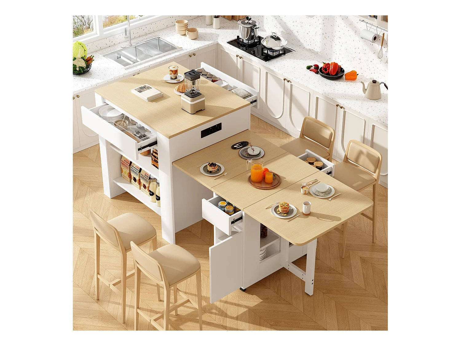 Ilot central de cuisine avec table à manger pliable - 4 tiroirs, 2 portes et étagères - 110/124 x 78 x 97.5 cm - MDF - Blanc