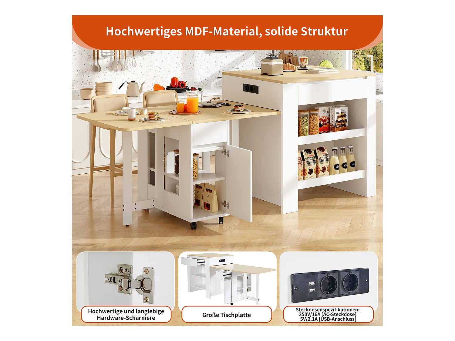 Ilot central de cuisine avec table à manger pliable - 4 tiroirs, 2 portes et étagères - 110/124 x 78 x 97.5 cm - MDF - Blanc