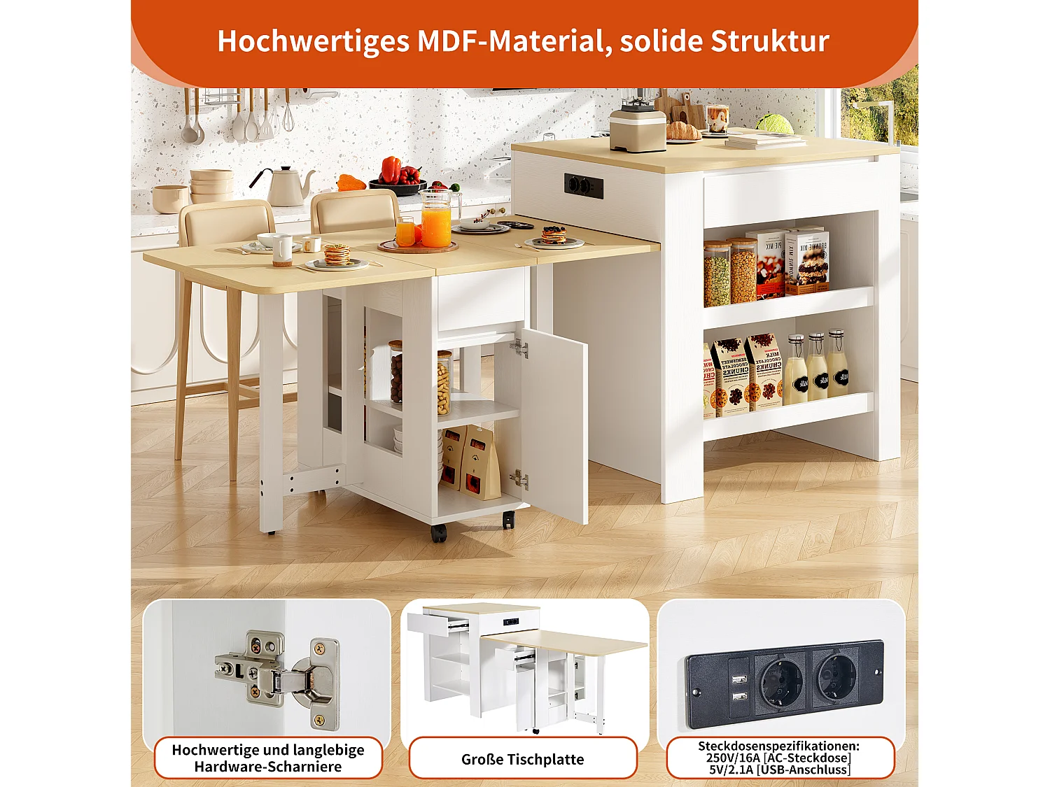 Mobiel keukeneiland met 2 lades, 2 deuren en opbergplanken - 211x55x89,5 cm - MDF - Zwart + Wit