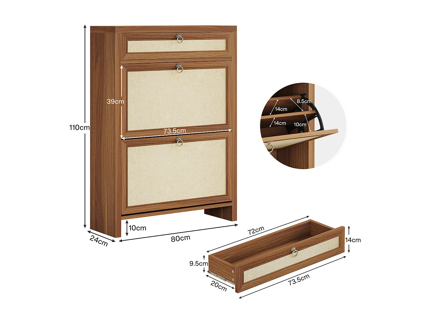 Armoire à chaussures à 2 rabats pour entrée, couloir, 80 x 24 x 110 cm