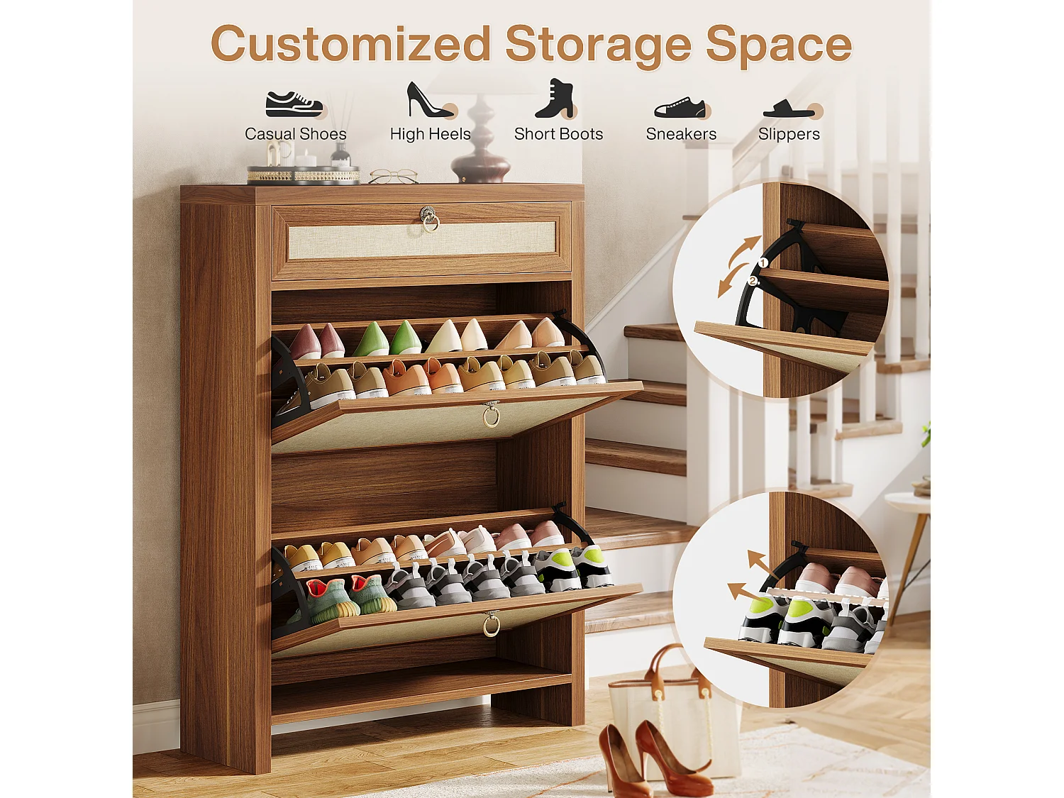 Armoire à chaussures à 2 rabats pour entrée, couloir, 80 x 24 x 110 cm