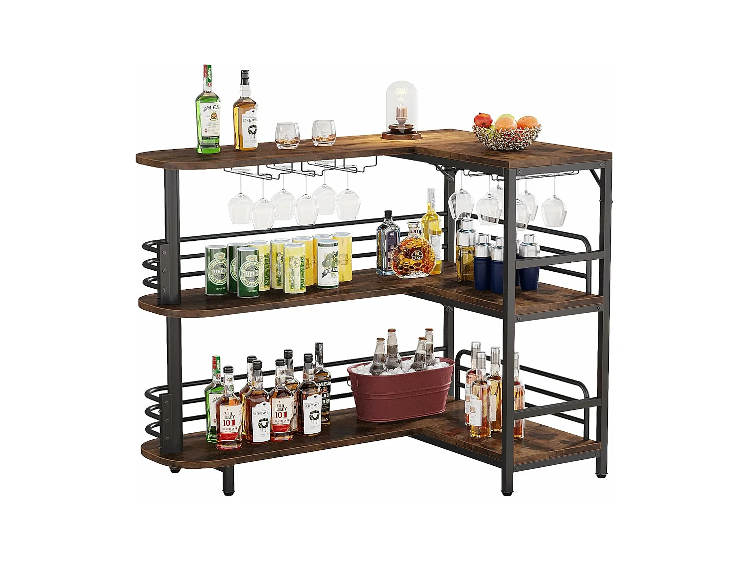 Table de Bar en Forme de L, 3 Tiers Liquor Table de bistrot avec étagère à vin et Support pour Les Verres à vin, Brun Rustique