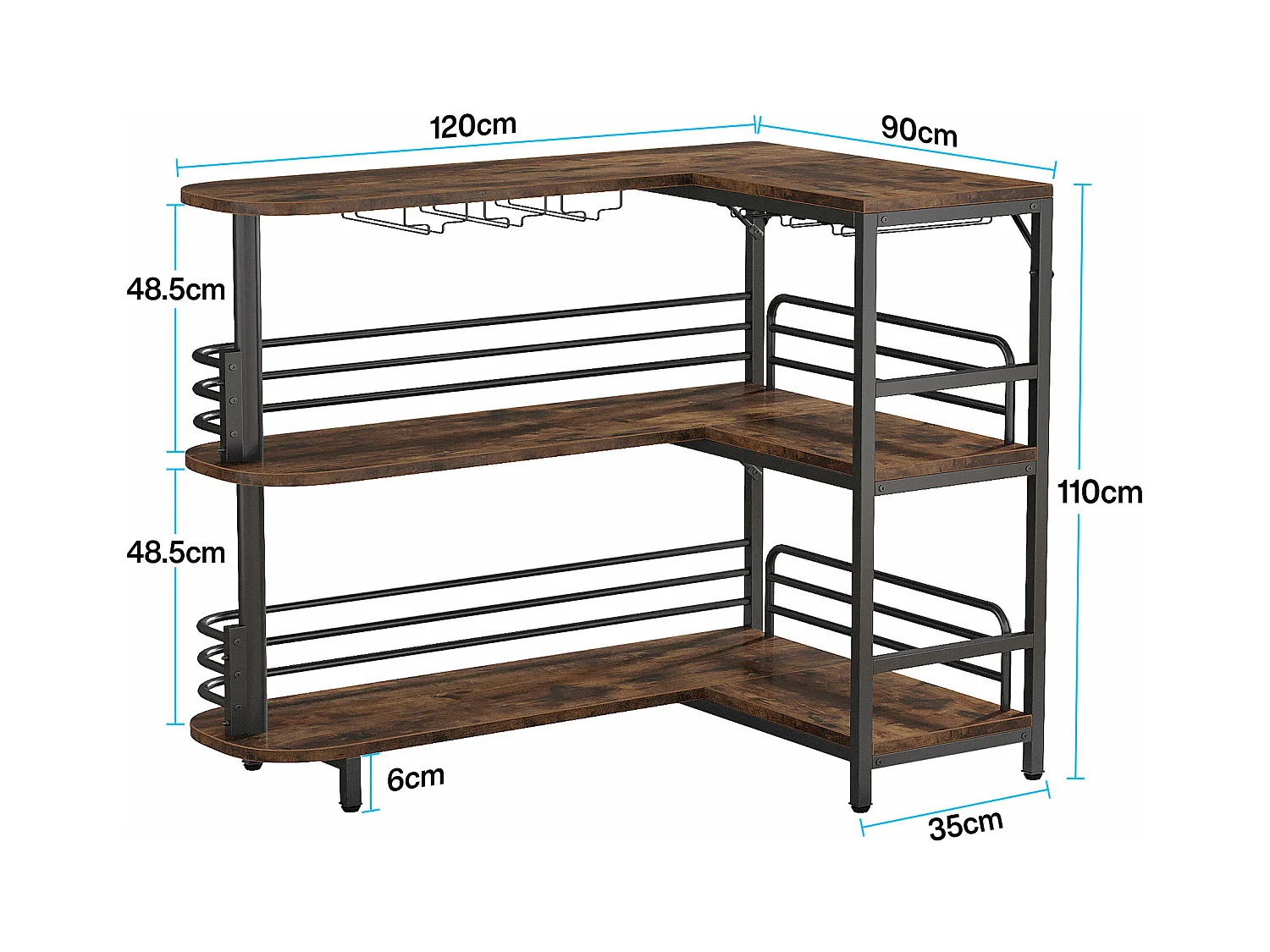 Table de Bar en Forme de L, 3 Tiers Liquor Table de bistrot avec étagère à vin et Support pour Les Verres à vin, Brun Rustique