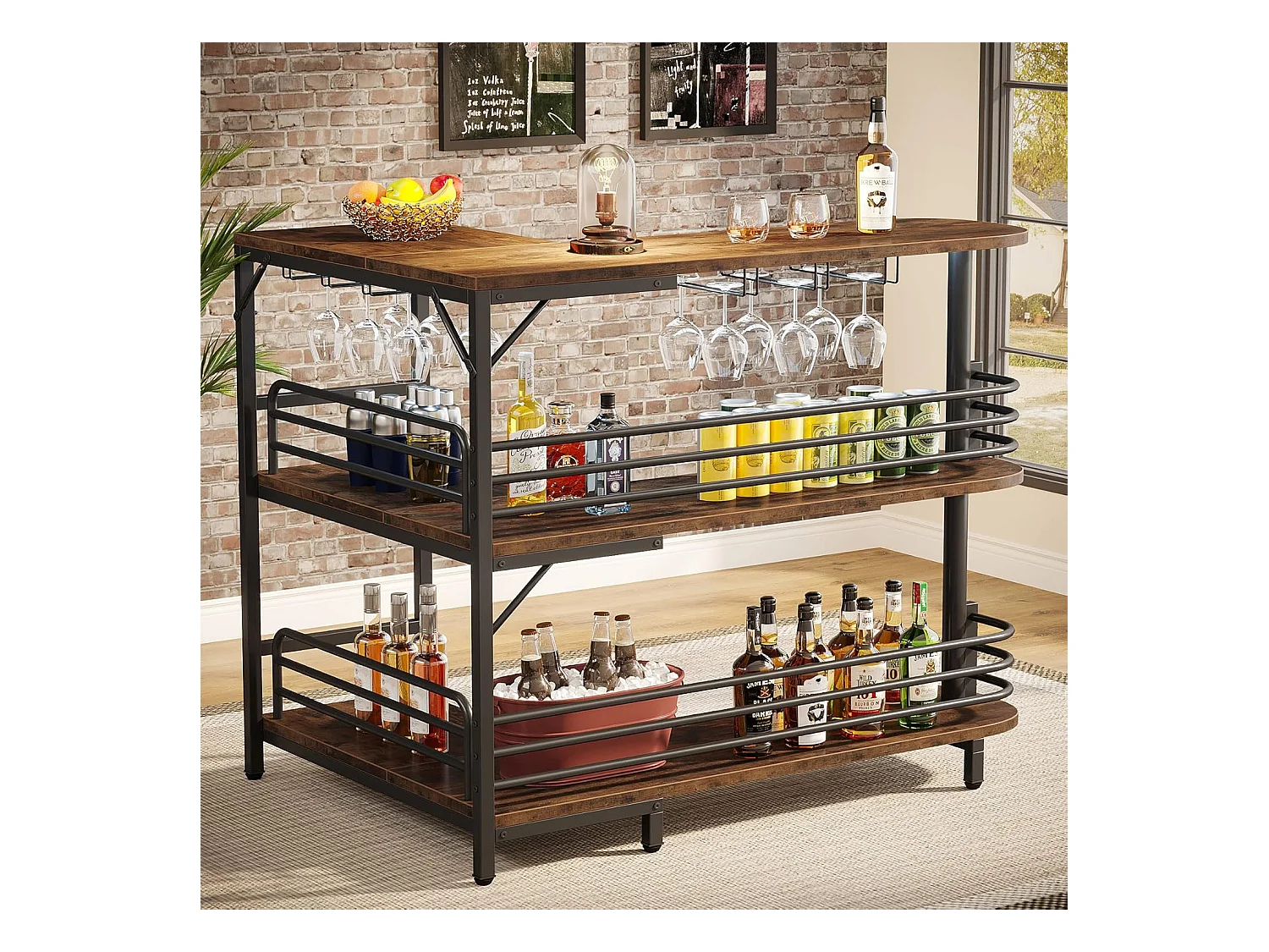 Table de Bar en Forme de L, 3 Tiers Liquor Table de bistrot avec étagère à vin et Support pour Les Verres à vin, Brun Rustique