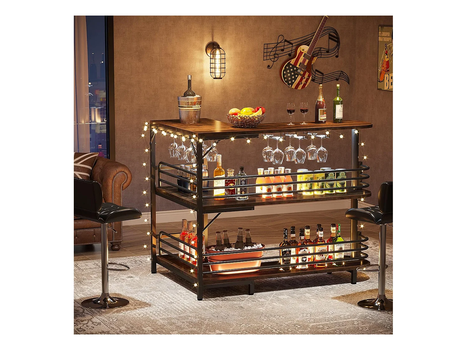 Table de Bar en Forme de L, 3 Tiers Liquor Table de bistrot avec étagère à vin et Support pour Les Verres à vin, Brun Rustique