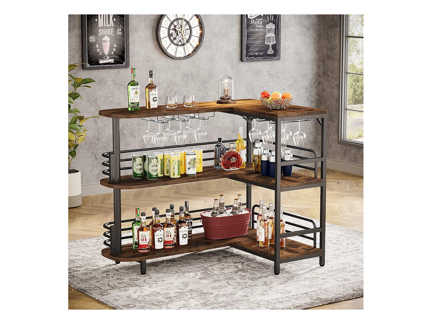 Table de Bar en Forme de L, 3 Tiers Liquor Table de bistrot avec étagère à vin et Support pour Les Verres à vin, Brun Rustique