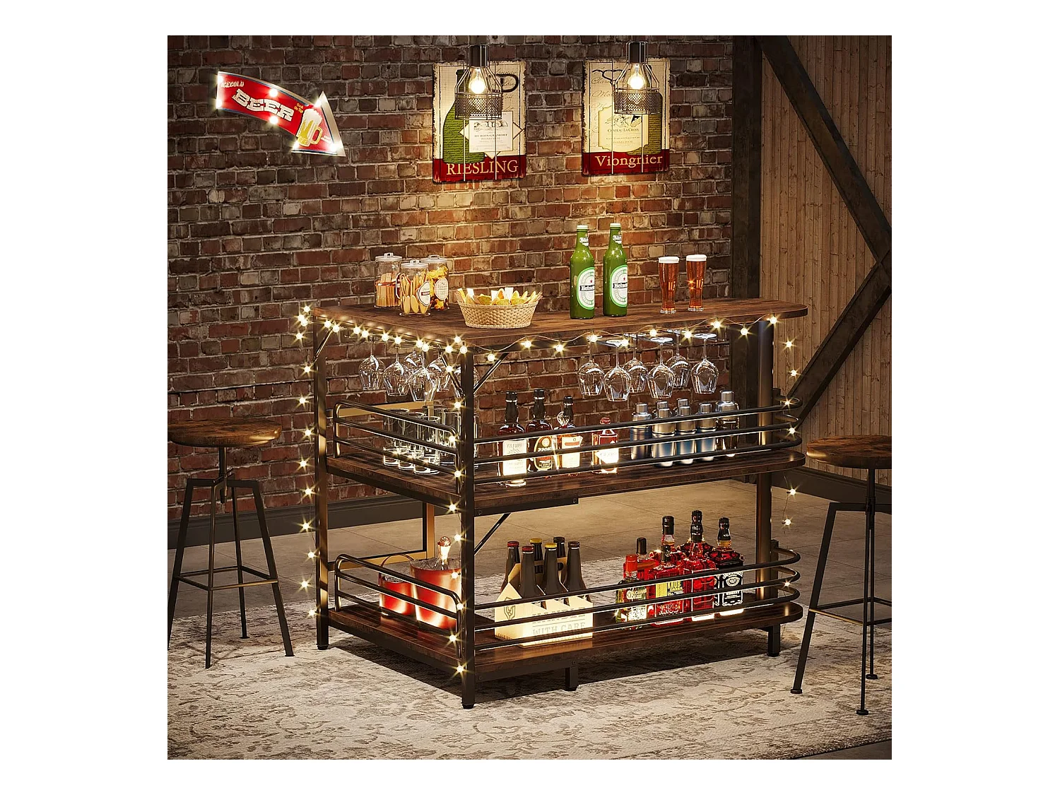 Table de Bar en Forme de L, 3 Tiers Liquor Table de bistrot avec étagère à vin et Support pour Les Verres à vin, Brun Rustique