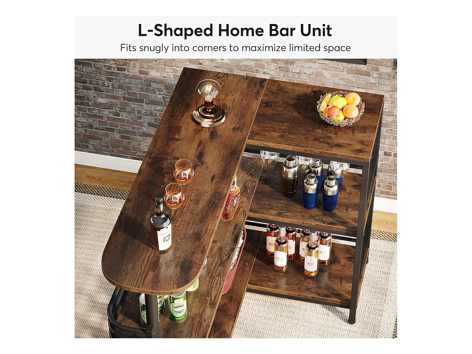 Table de Bar en Forme de L, 3 Tiers Liquor Table de bistrot avec étagère à vin et Support pour Les Verres à vin, Brun Rustique