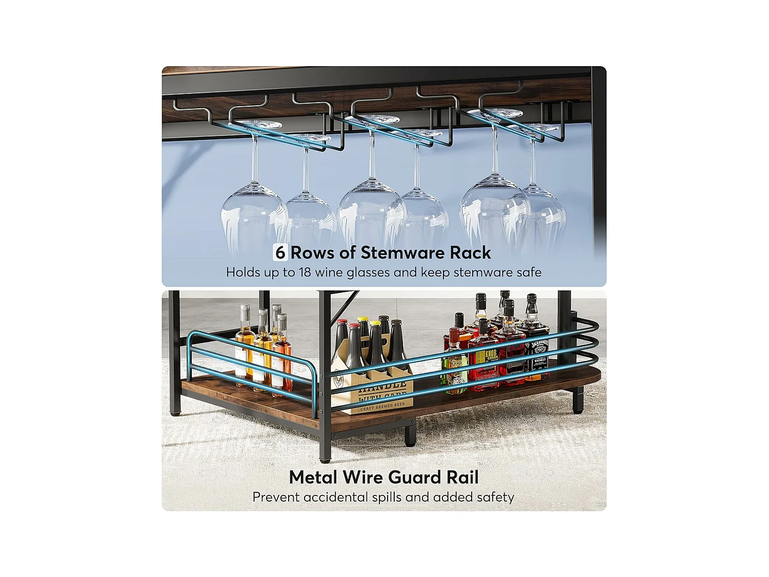 Table de Bar en Forme de L, 3 Tiers Liquor Table de bistrot avec étagère à vin et Support pour Les Verres à vin, Brun Rustique