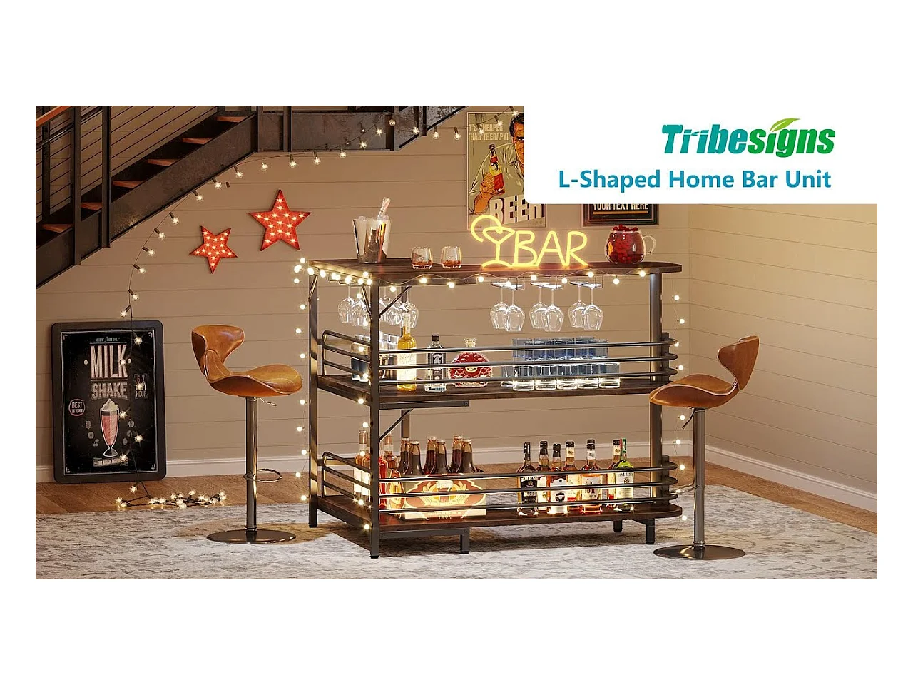 Table de Bar en Forme de L, 3 Tiers Liquor Table de bistrot avec étagère à vin et Support pour Les Verres à vin, Brun Rustique