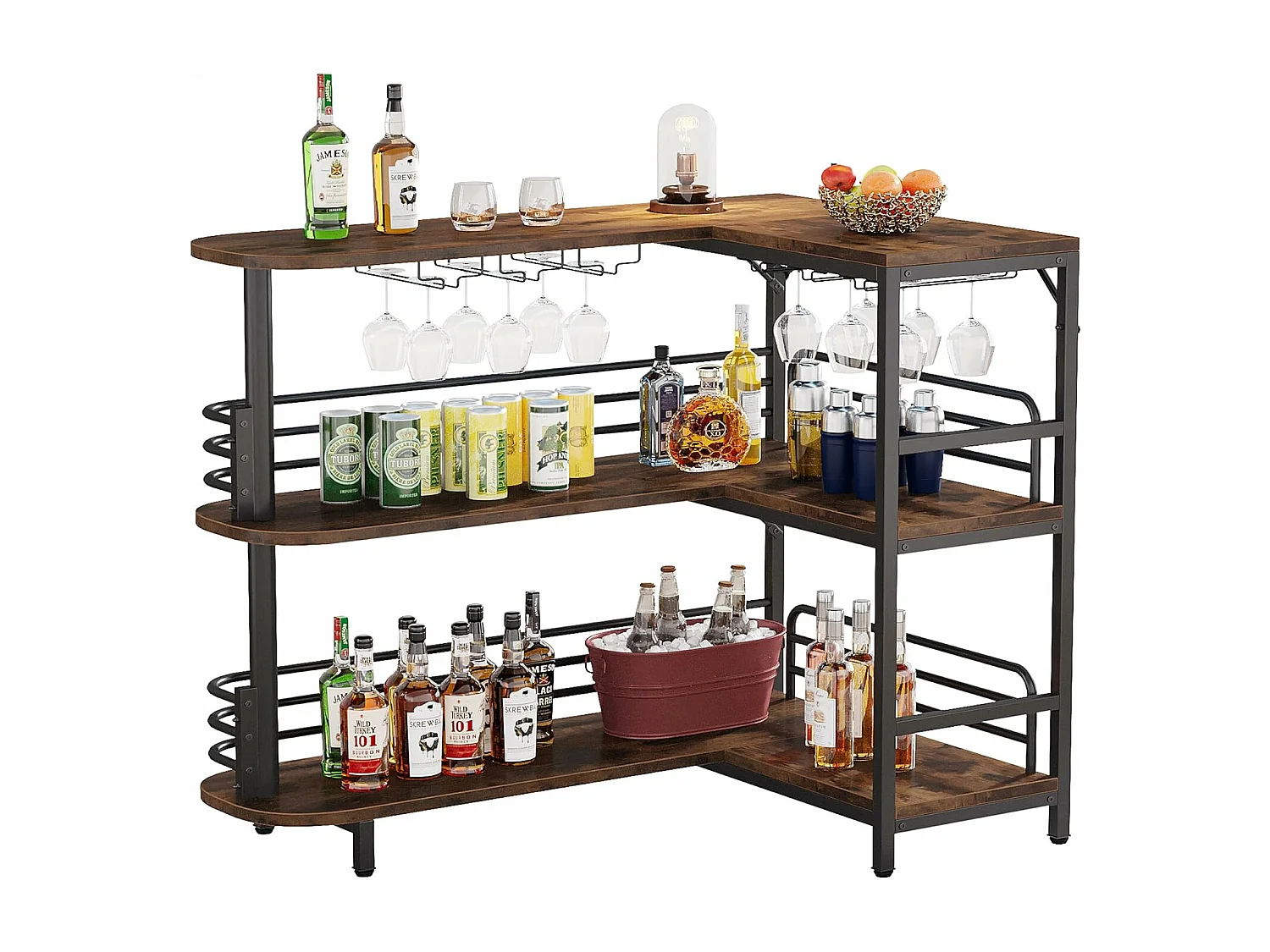 Tabla de bar en forma de L, Tabla de licor de 3 niveles de bistro con estantería para vinos y soporte para vasos de vino, Marrón rústico