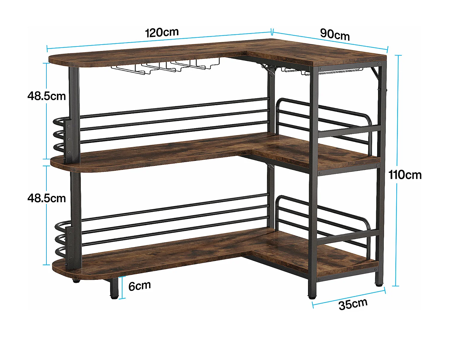 Tabla de bar en forma de L, Tabla de licor de 3 niveles de bistro con estantería para vinos y soporte para vasos de vino, Marrón rústico