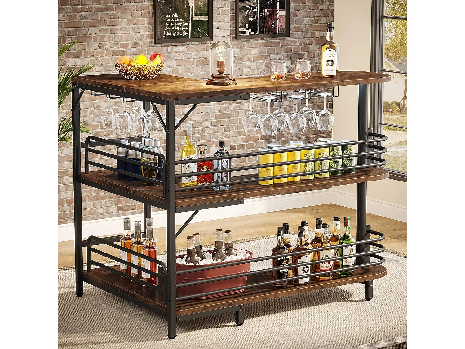 Tabla de bar en forma de L, Tabla de licor de 3 niveles de bistro con estantería para vinos y soporte para vasos de vino, Marrón rústico