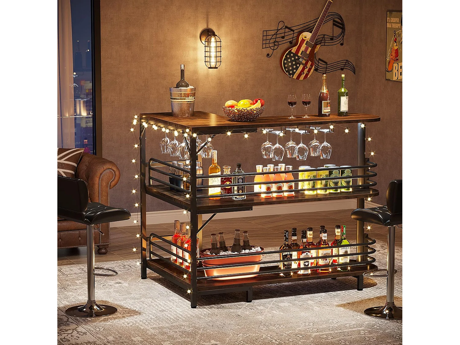 Tabla de bar en forma de L, Tabla de licor de 3 niveles de bistro con estantería para vinos y soporte para vasos de vino, Marrón rústico