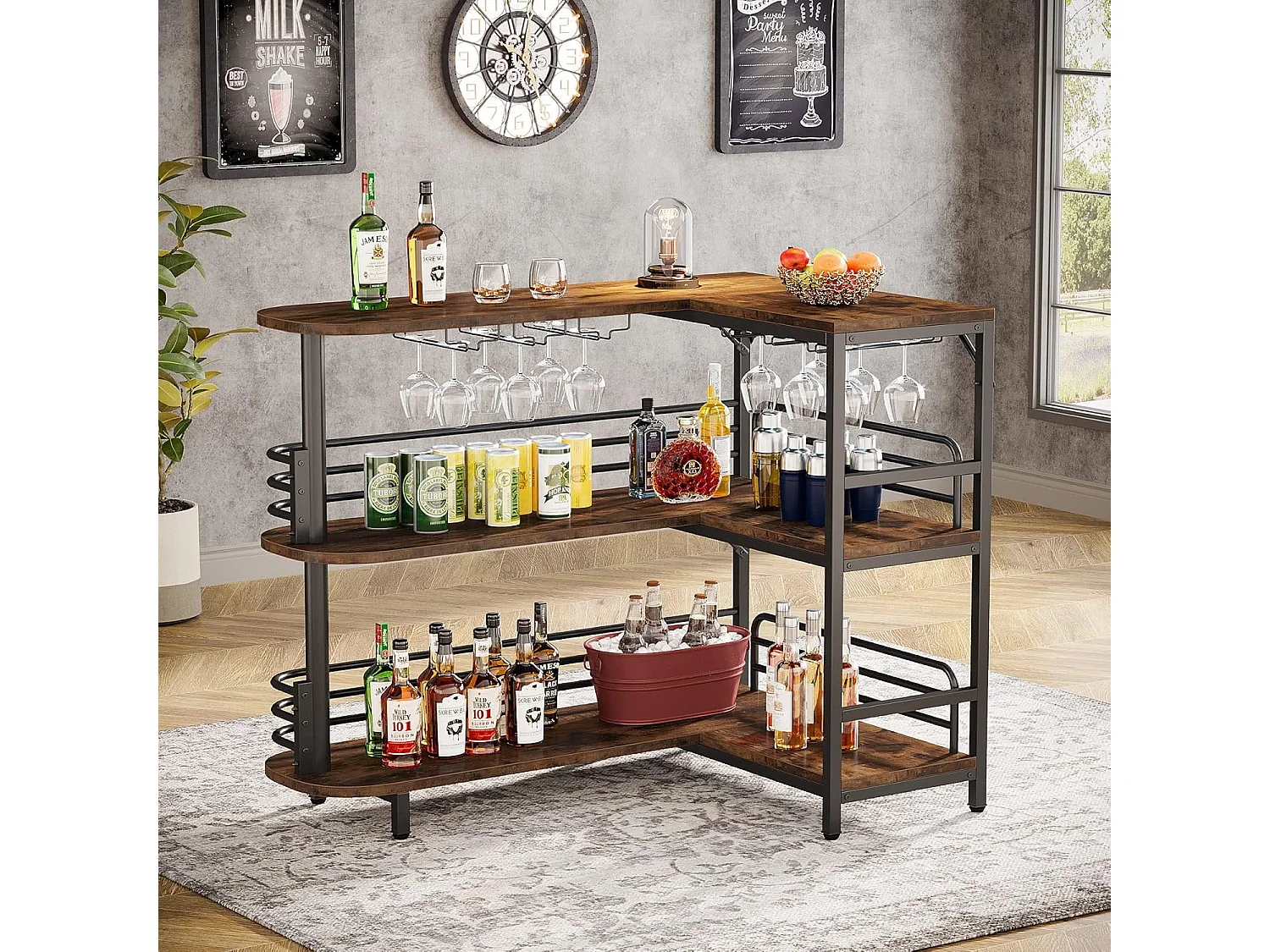 Tabla de bar en forma de L, Tabla de licor de 3 niveles de bistro con estantería para vinos y soporte para vasos de vino, Marrón rústico