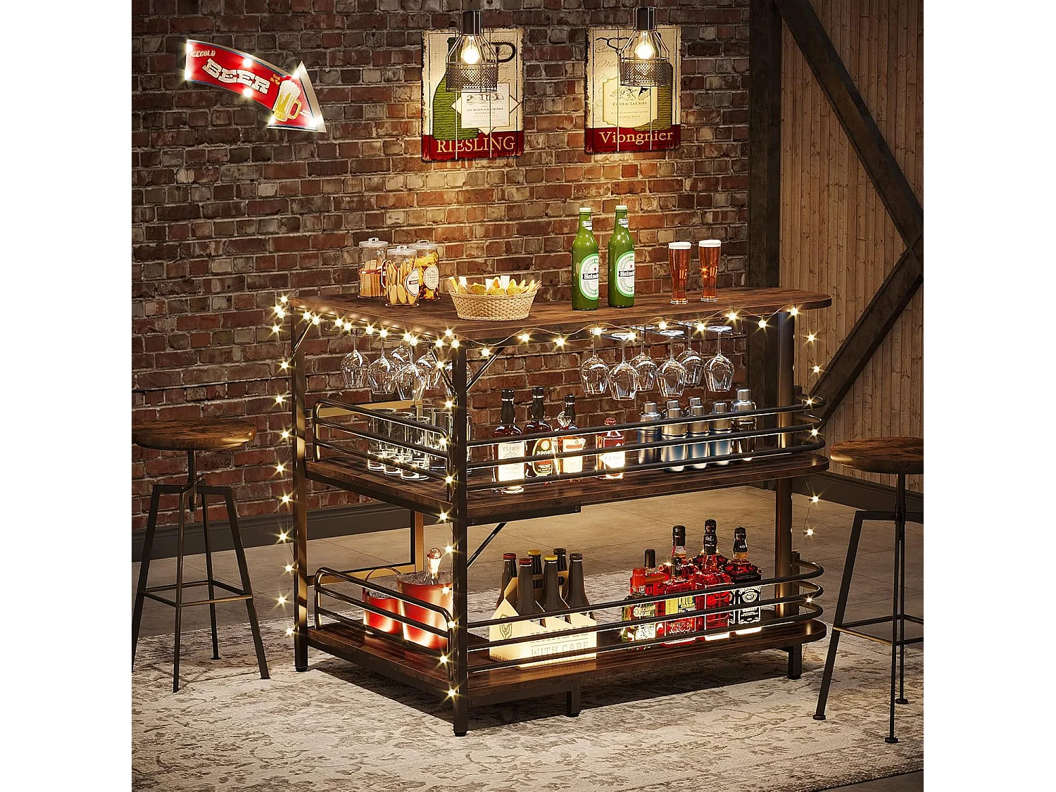 Tabla de bar en forma de L, Tabla de licor de 3 niveles de bistro con estantería para vinos y soporte para vasos de vino, Marrón rústico