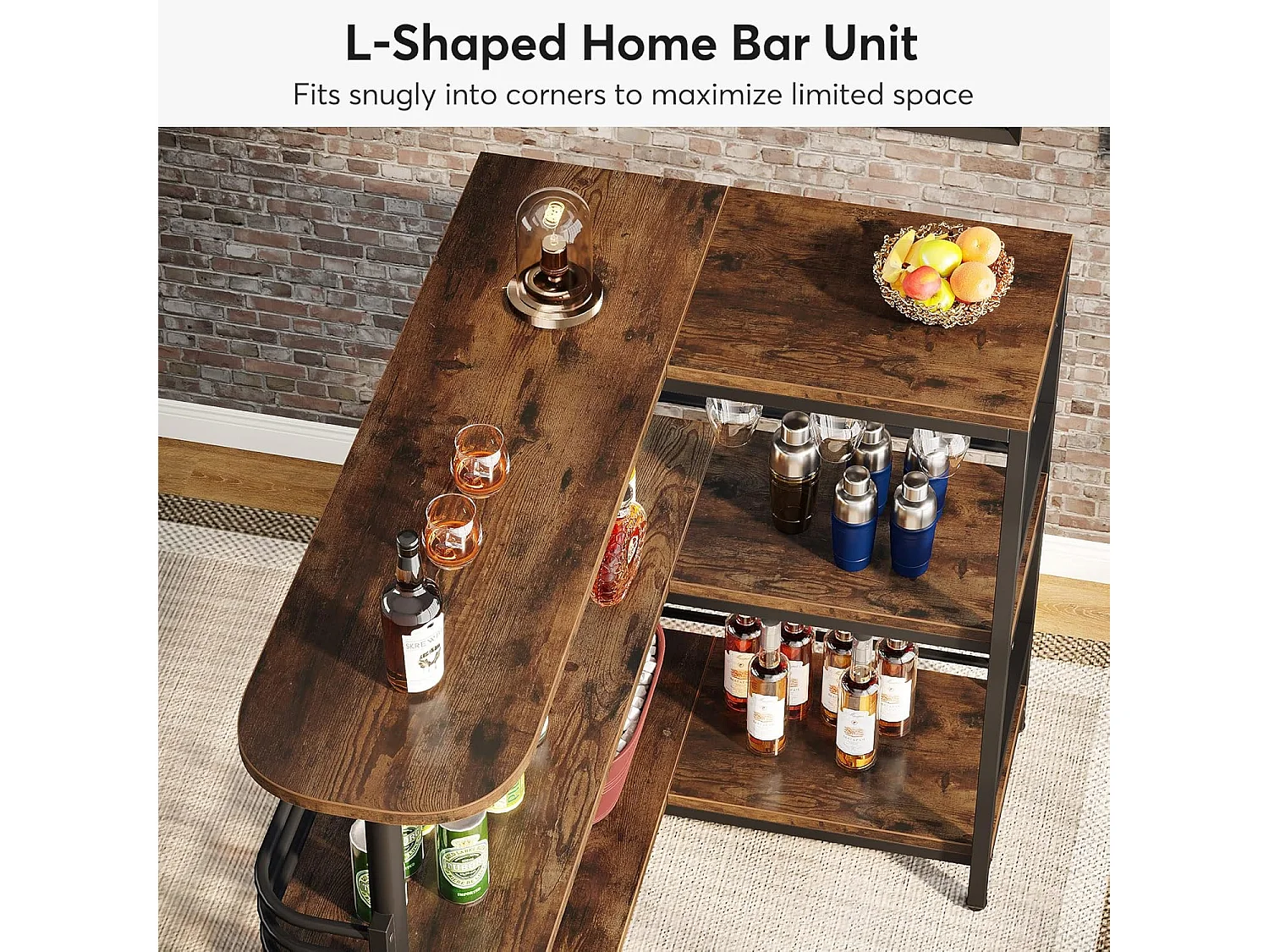 Tabla de bar en forma de L, Tabla de licor de 3 niveles de bistro con estantería para vinos y soporte para vasos de vino, Marrón rústico