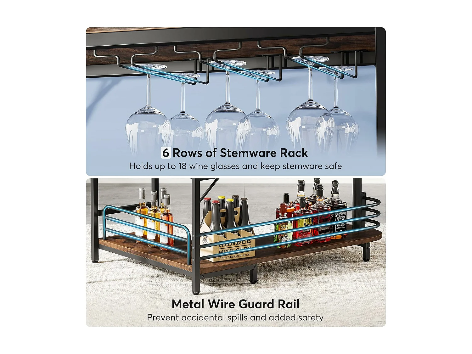 Tabla de bar en forma de L, Tabla de licor de 3 niveles de bistro con estantería para vinos y soporte para vasos de vino, Marrón rústico