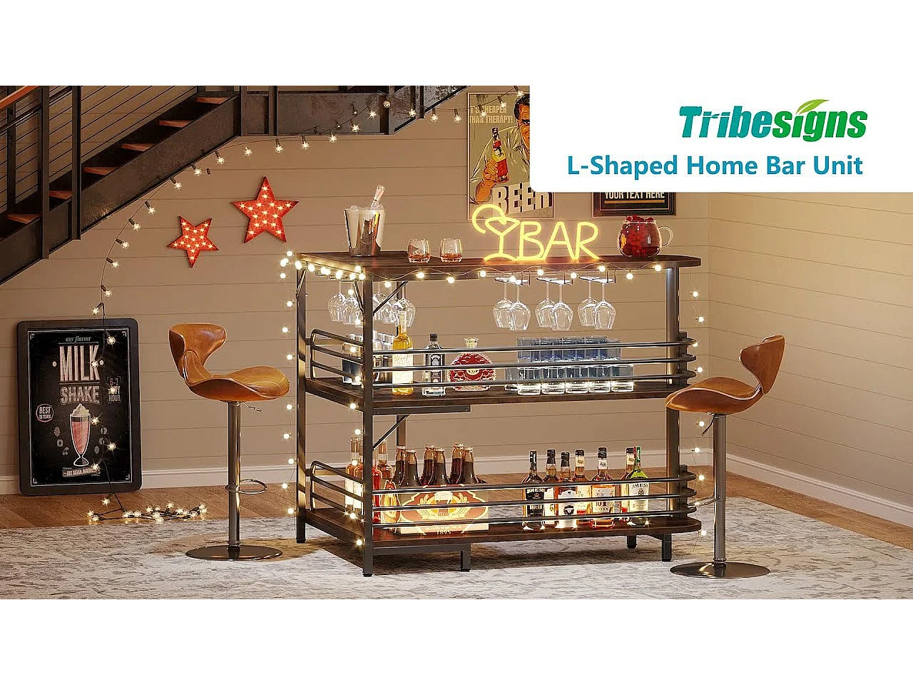 Tabla de bar en forma de L, Tabla de licor de 3 niveles de bistro con estantería para vinos y soporte para vasos de vino, Marrón rústico