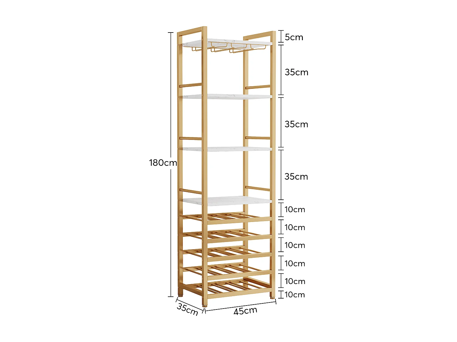 Wijnrek, 9-laags vrijstaand flessenrek met glazenhouder en opbergplanken, wit en goud