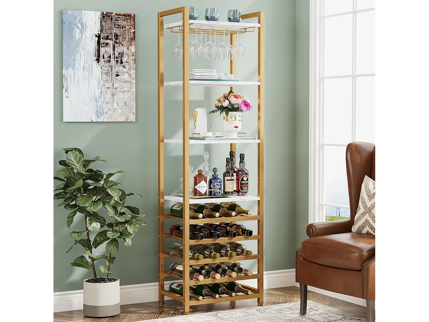 Wijnrek, 9-laags vrijstaand flessenrek met glazenhouder en opbergplanken, wit en goud